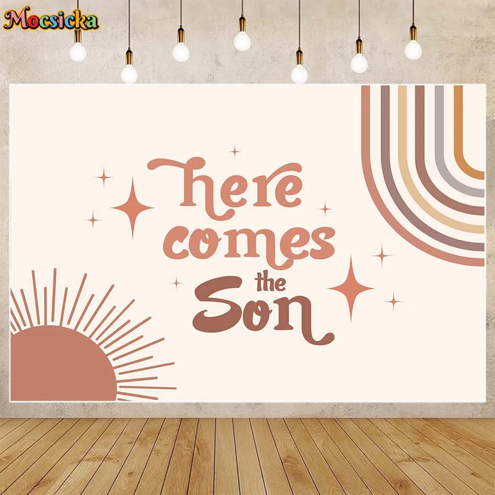 

Mocsicka Here Comes The Son Baby Shower Backdrop Bohemian Rainbow Sun Boys Welcome Party Decor Newborn Background Photocall Prop