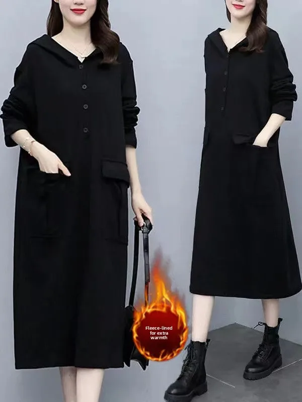 

Толстовка с капюшоном больших размеров Dr Warm Fce Long Sve Свободный крой Осень Зима Большие размеры Женское Dr Удобное повседневное длинное платье