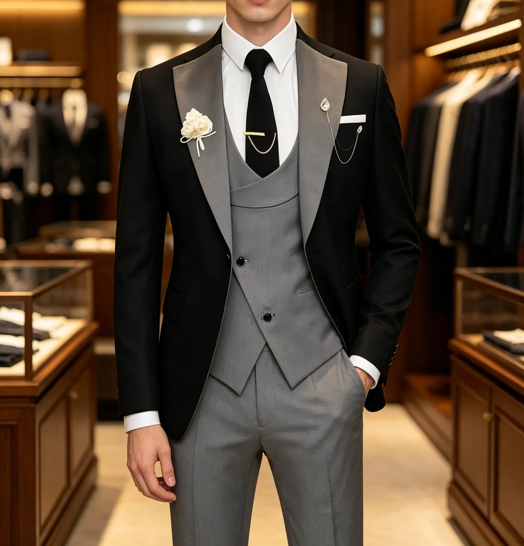 Herrenmode, lässiger 3-teiliger Anzug, Slim-Fit-Blazer, Weste, Hose, lange Hose, leicht, atmungsaktiv, für den Alltag, Reisen und Partys. – Detail 7