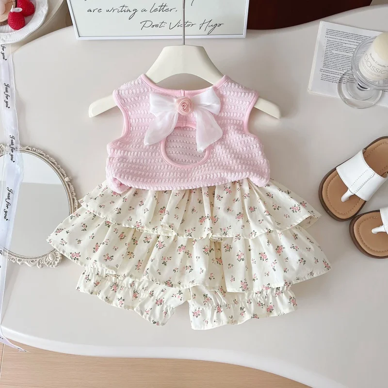 

2024Summer New Girls' Vest Cake Short Skirt Two-Piece Set Children's Cute Skirt Suit24210