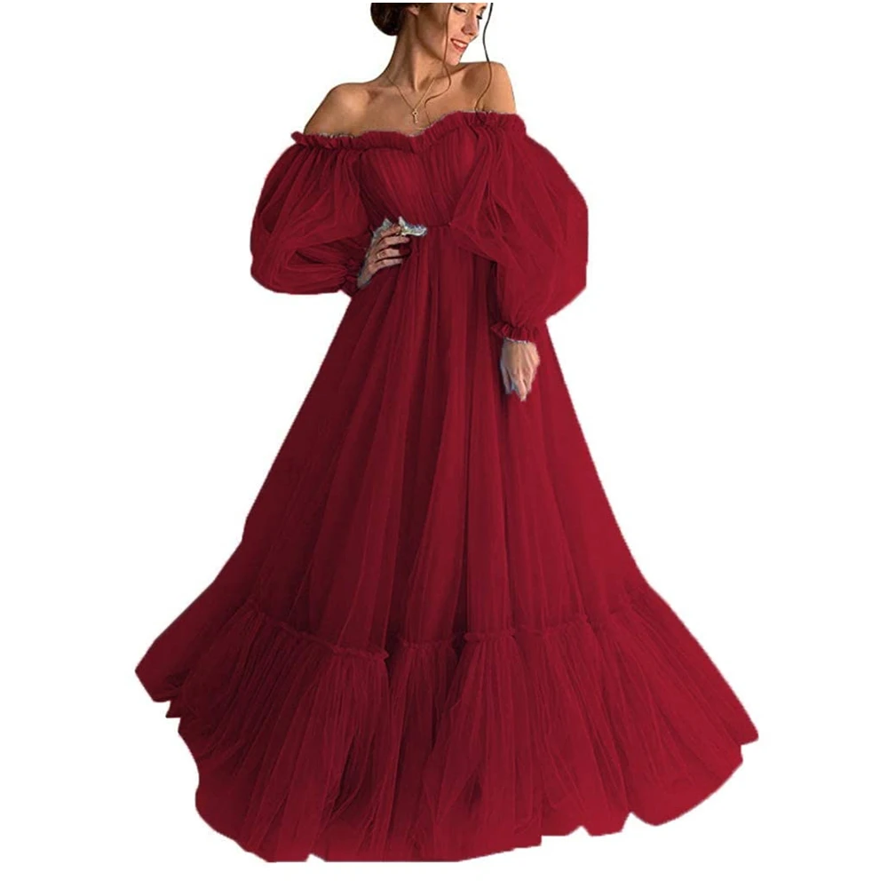 

Bealegantom Long Puffy Sleeve Off Shoulder Prom Dresses Ruffle Tulle Formal Occasion Evening Party Gown Robes De Soiree QA70