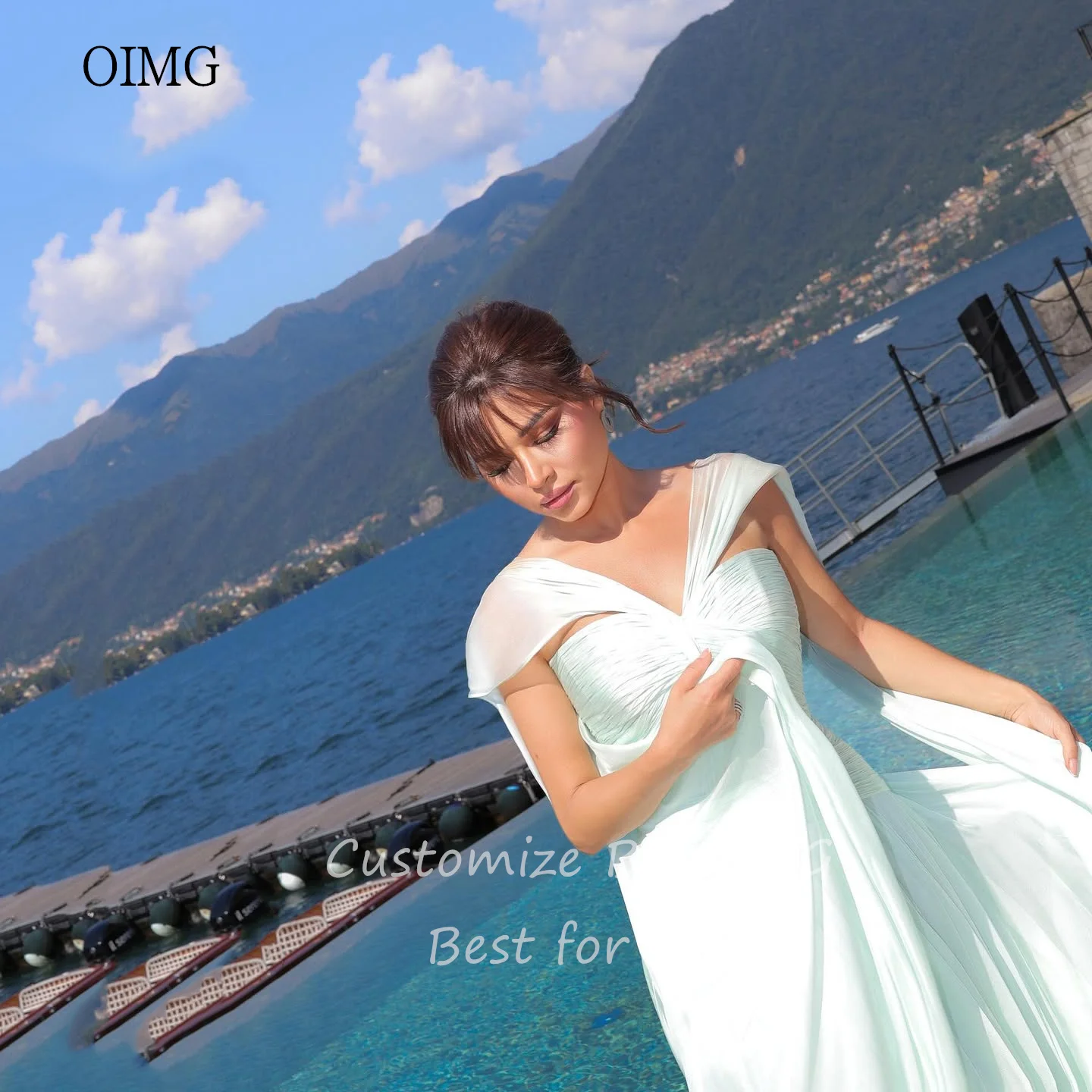 فستان OIMG رشيق بأكمام قصيرة على شكل حرف A فساتين حفلات على شكل حرف V مطوي للحفلات والعطلات بطول الأرض فستان سهرة 2025 مخصص #4