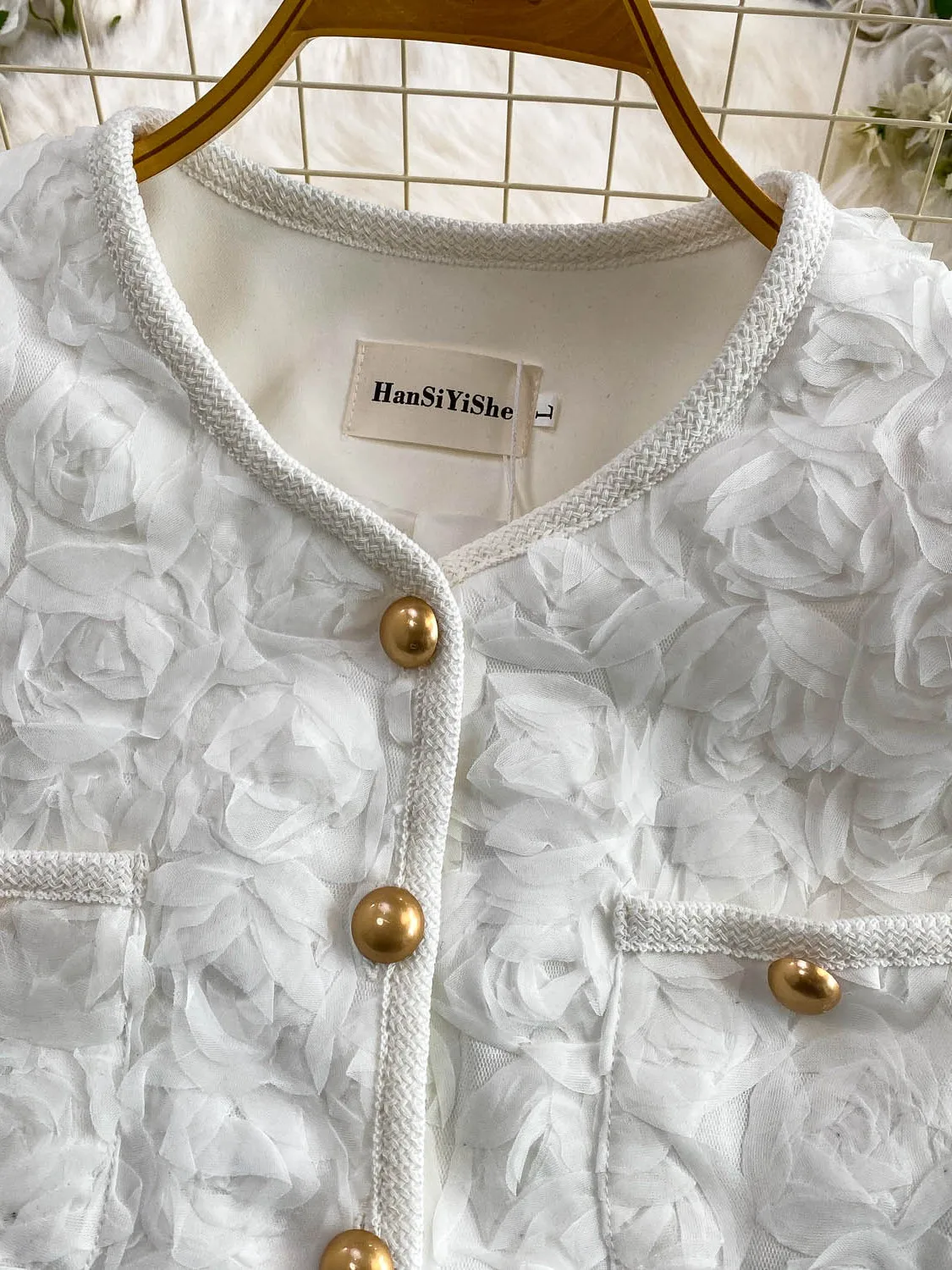 Sweet Fraance Sle Round Ne Ort Oberbekleidung Damen Luxus Design Metall Bule Top Floral 3D Verzierung Slim Fit Mantel