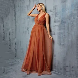 Women's Shoulder V-neck Chiffon Solid Color Lace-up Bridesmaid Dress Long A-line Pleated Dress Formal EveningGown Annual Meeting