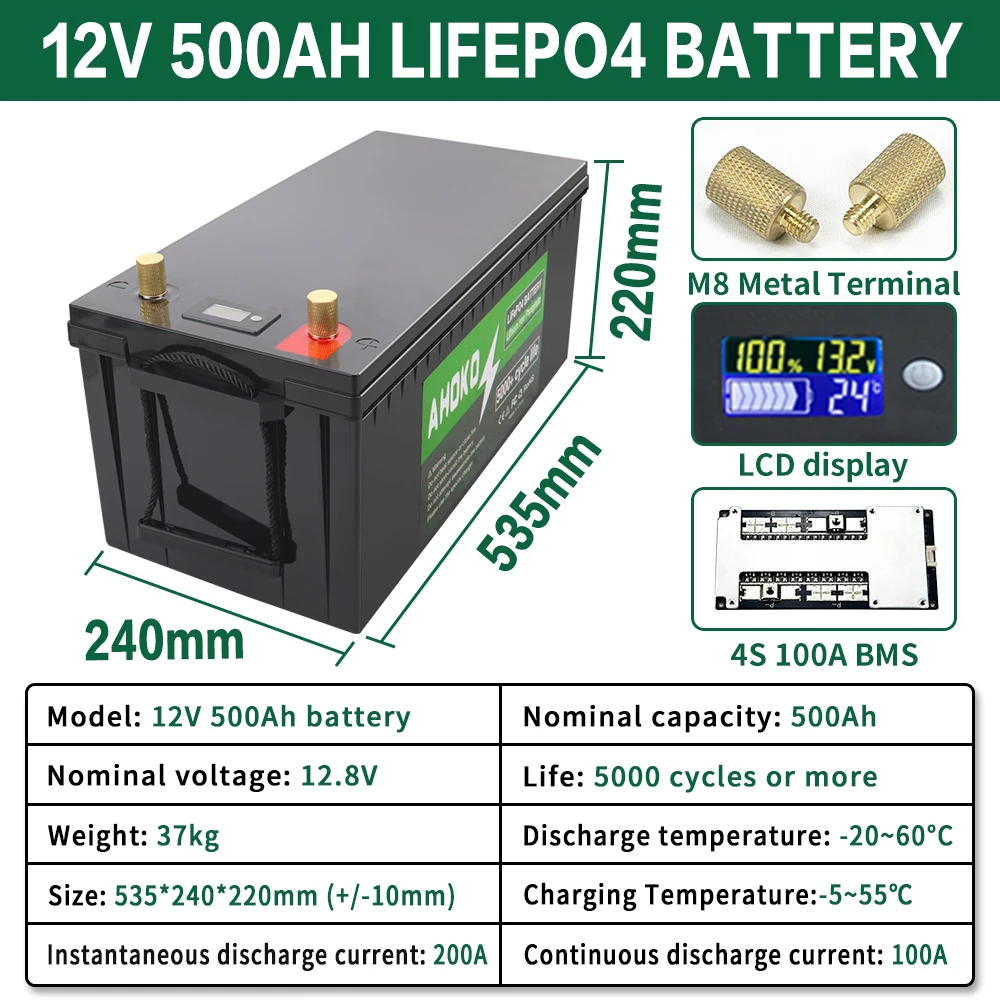 12V 500Ah LiFePo4 Battery Pack Lithium Iron Phosphate Rechargeable Cell Built-in BMS 5000 Cycles For RV Home Storage EU TAX FREE