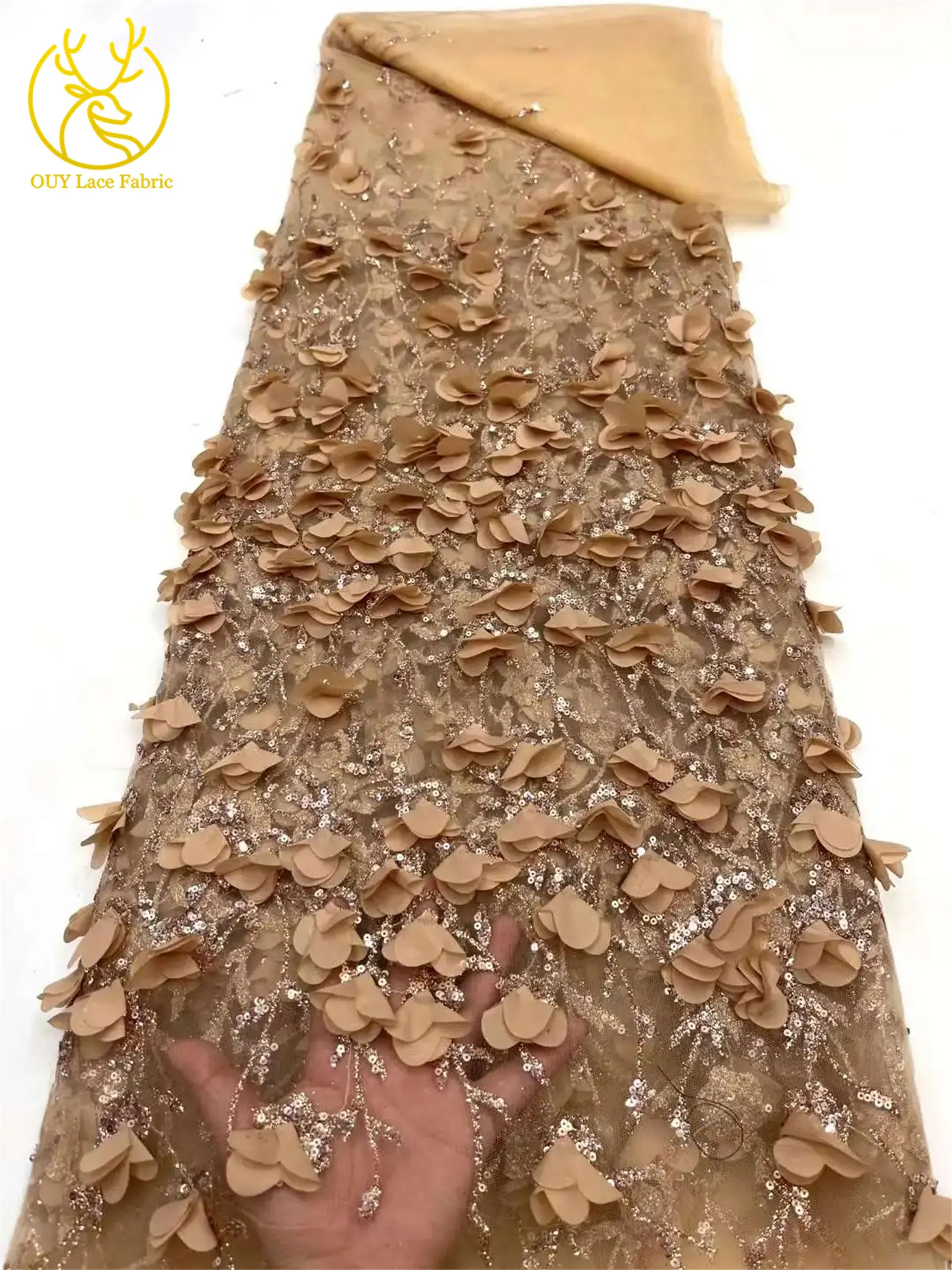 Tela de Encaje Floral Africana 3D de 5 Yardas, Tela de Encaje con Lentejuelas de Alta Calidad Estilo Francés Nigeriano para Vestido de Novia y Vestido de Noche