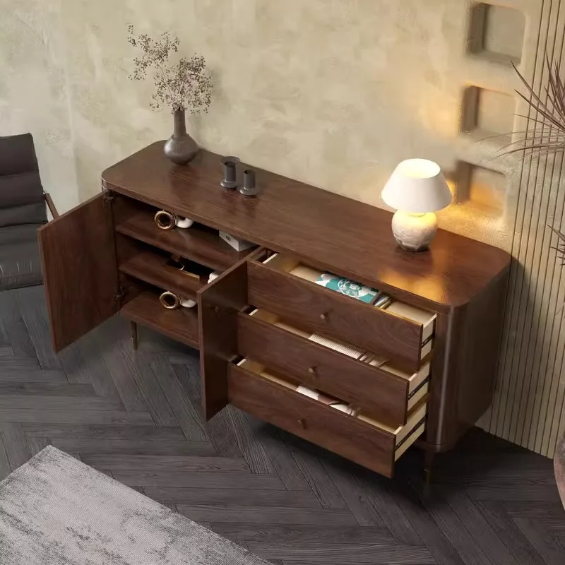 Solid wood dining side cabinet, living room retro black walnut chest cabinet, drawer storage cabinet, entrance cabinet