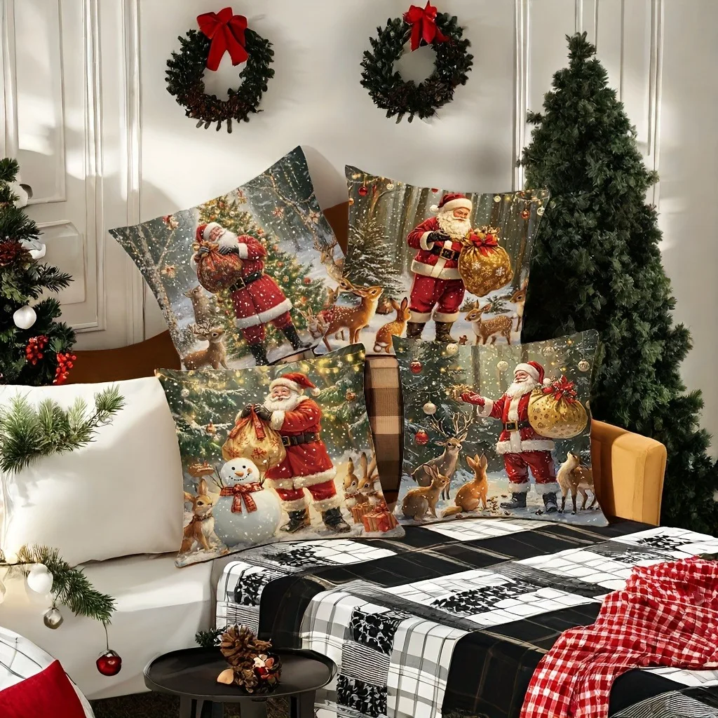 Christmas Throw Pillow Cover - Tree, Santa Claus, Snowman and Gift Pattern Perfect Choice for Home and Office Sofa Decoration