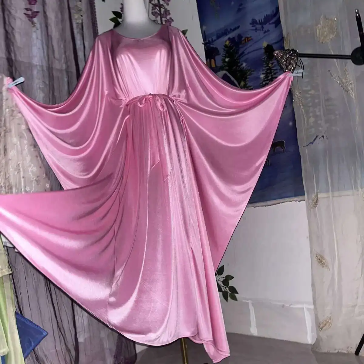 Long Sleeve Loose Night Dress Plus Size Sleeping Robe Glossy Sexy Women Satin Long Dress