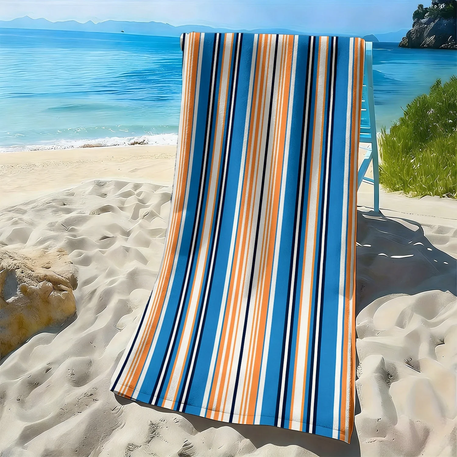 

Blue, orange and black striped pattern polyester microfiber beach towel is highly absorbent, suitable swimming and beach outings