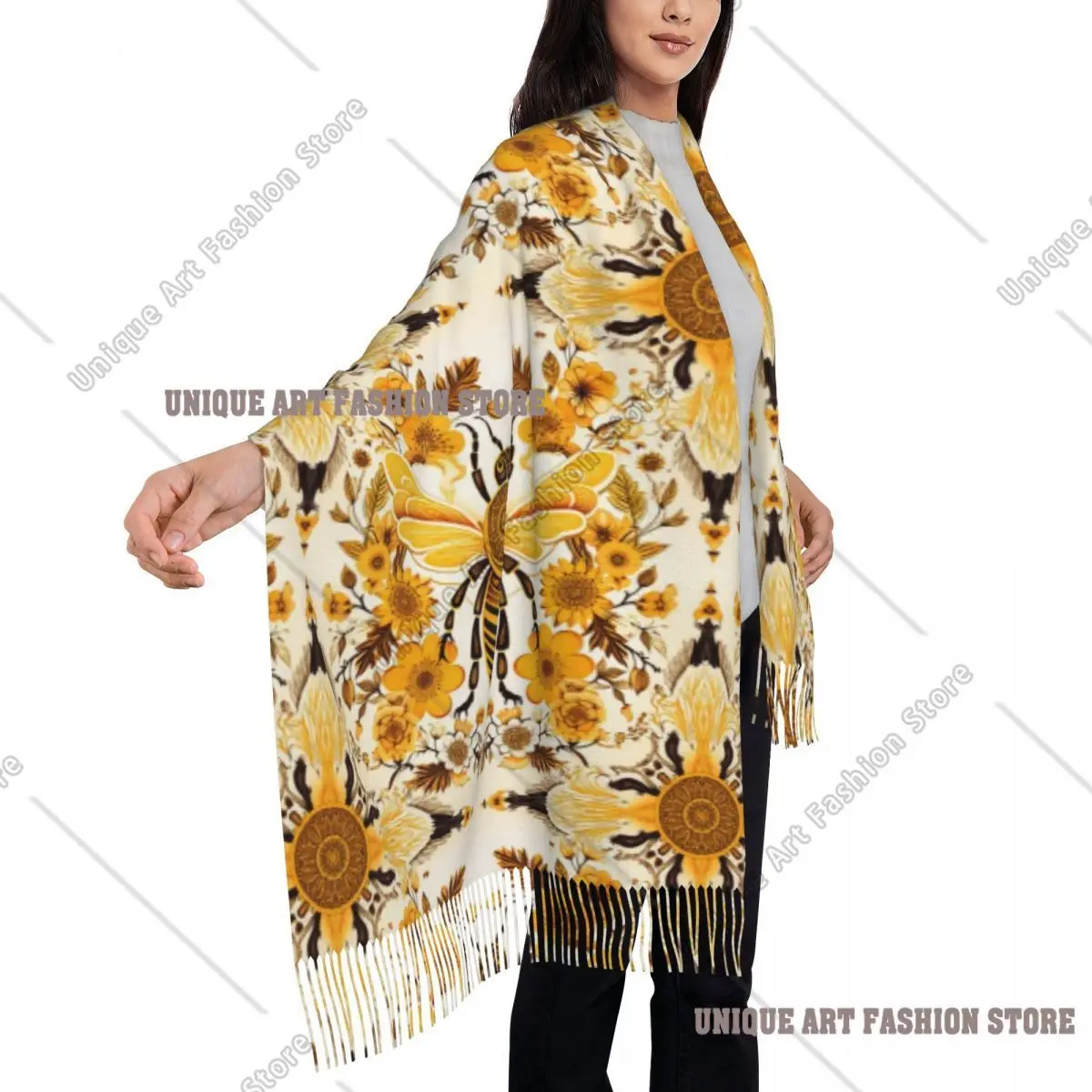 مخصص لطيف النحل والزهور نمط شرابة وشاح المرأة شتاء دافئ شالات يلتف سيدة الأوشحة #4