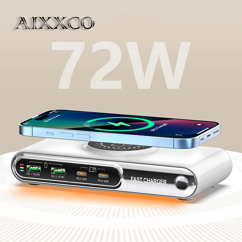 AIXXCO 72W 6-in-1 USB Charging Station Fast Wireless Charger QC3.0 PD PPS Quick Charge for IPhone 15 Xiaomi Samsung Laptop