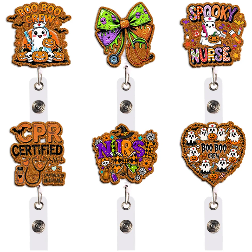 Colorful Pink Nurse Badge Reel Retractable ID Holder Halloween Skeleton Ghost Pumpkin Unique Gift for Fantasy Lovers