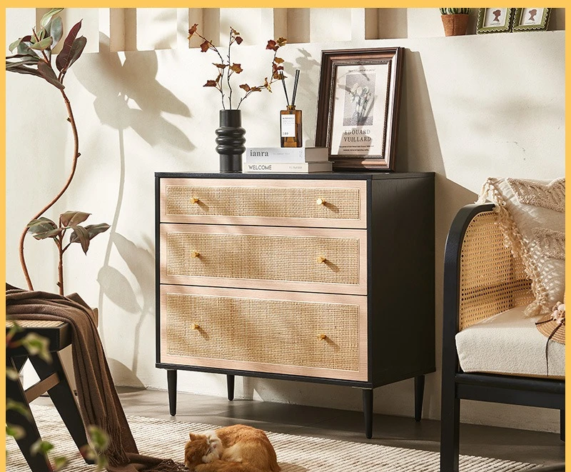 Storage retro rattan three-bucket cabinet wabi-sabi wind porch storage cabinet