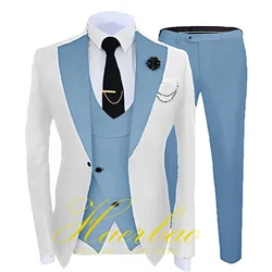 Sky Blue Suit Men's Wedding Tuxedo 3 Piece Set Groom Best Man Jacket Vest Pants Formal Party Tailored Clothes