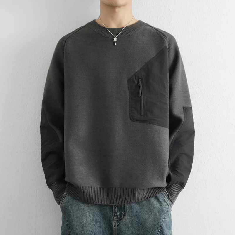 

Однотонный пуловер с карманом и длинными рукавами, свитер с круглым воротником, топ