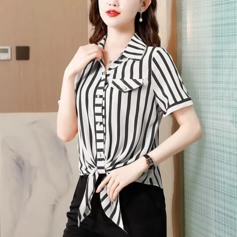 All-match Blouse Women\'s Striped Short Sleeve Fashion Polo Neck Loose Lacing Office Shirt Tops Summer Vintage Casual Clothing