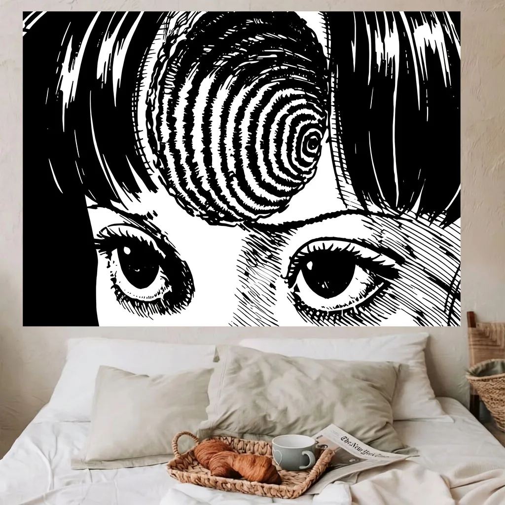 Black White Hypnotic Eyes Horror Comic Tapestry, Gothic Wall Hanging Cloth, Spooky Wall Decor for Bedroom Dormitory Room Home