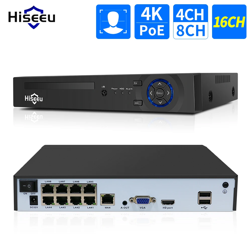 Hiseeu – Kit de système de caméra de Surveillance POE IP, 4 canaux, 10 canaux, 16 canaux, 4K, 8mp, 5mp, NVR, H.265 + CCTV, enregistrement Audio et vidéo ONVIF