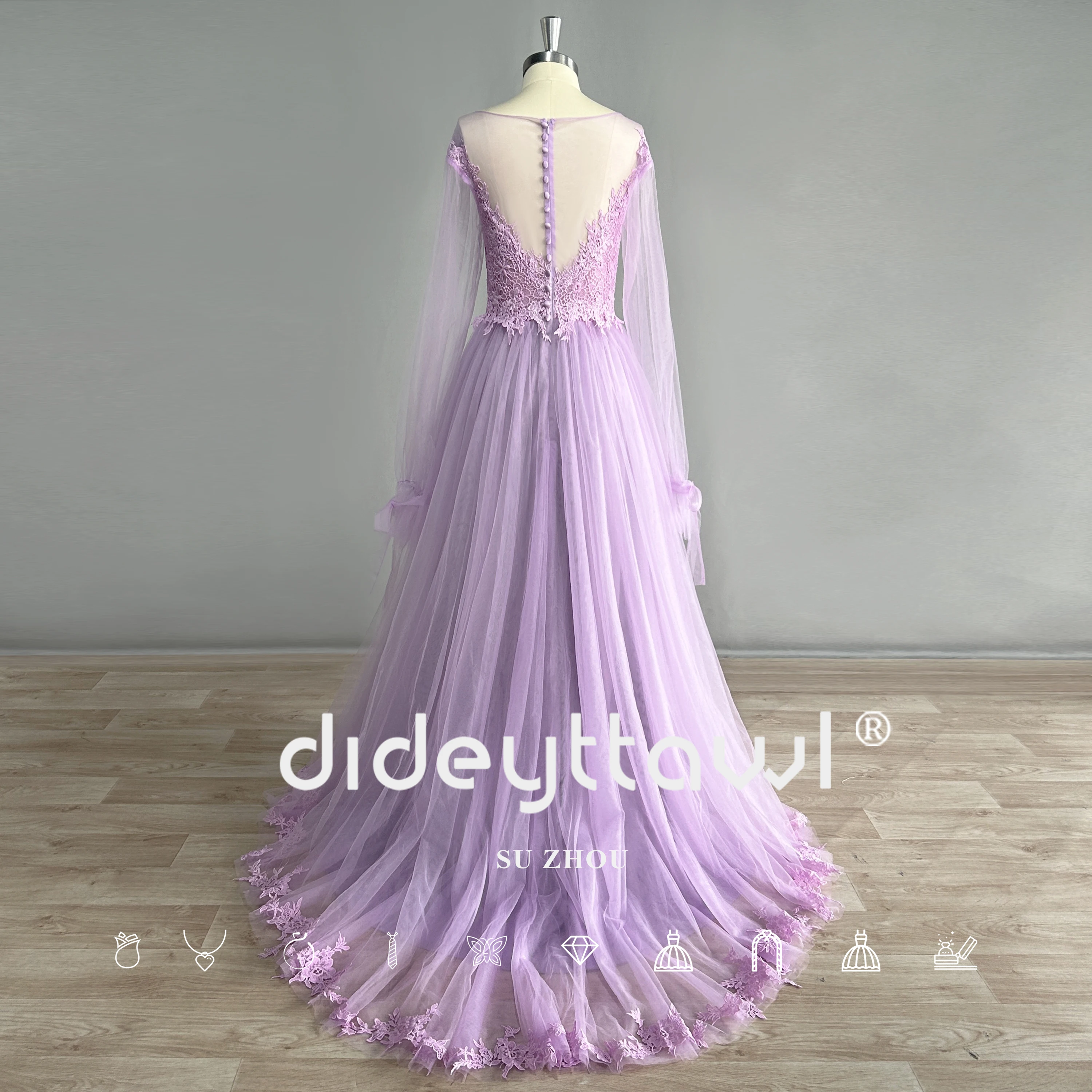 DIDEYTTAWL Real Photos Long Puff Sleeves Tulle Boho Prom Gown Lace Appliques A Line Sweep Train Evenig Dress Custom Made