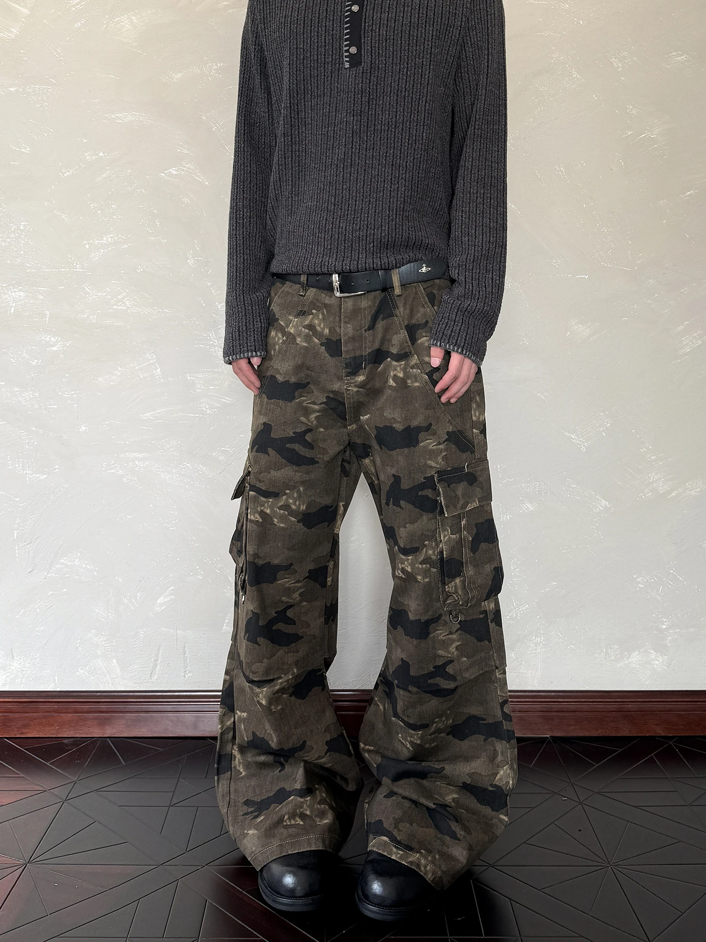 

American Retro Vibe Camouflage Weathered ket Work Trousers Trendy Straight Leg Bell Bot Slimming Casual Jeans