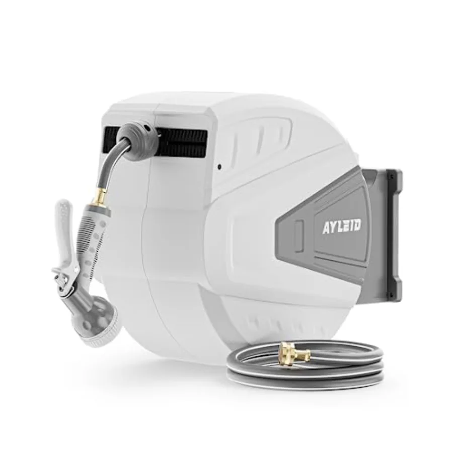 

Wallmounted retractable garden hose reel featuring a 1 2 inch diameter and 130foot long hose equipped with a 9function sprayer