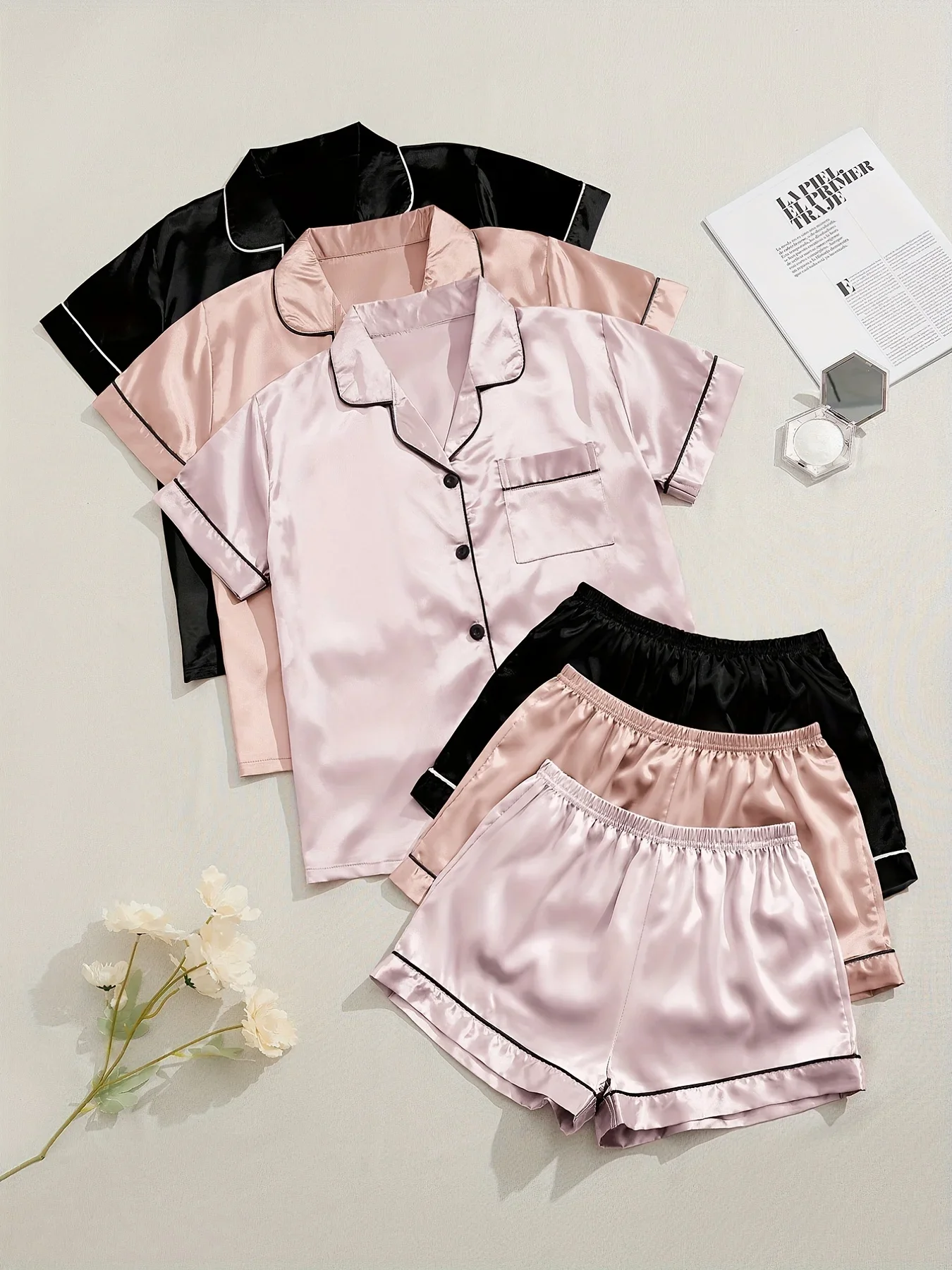 3 Sets Satin Pajama Set for Women Summer New Short Sleeve Lapel Top & Elastic Waistband Shorts Set Women\'s Sleepwear Loungewear