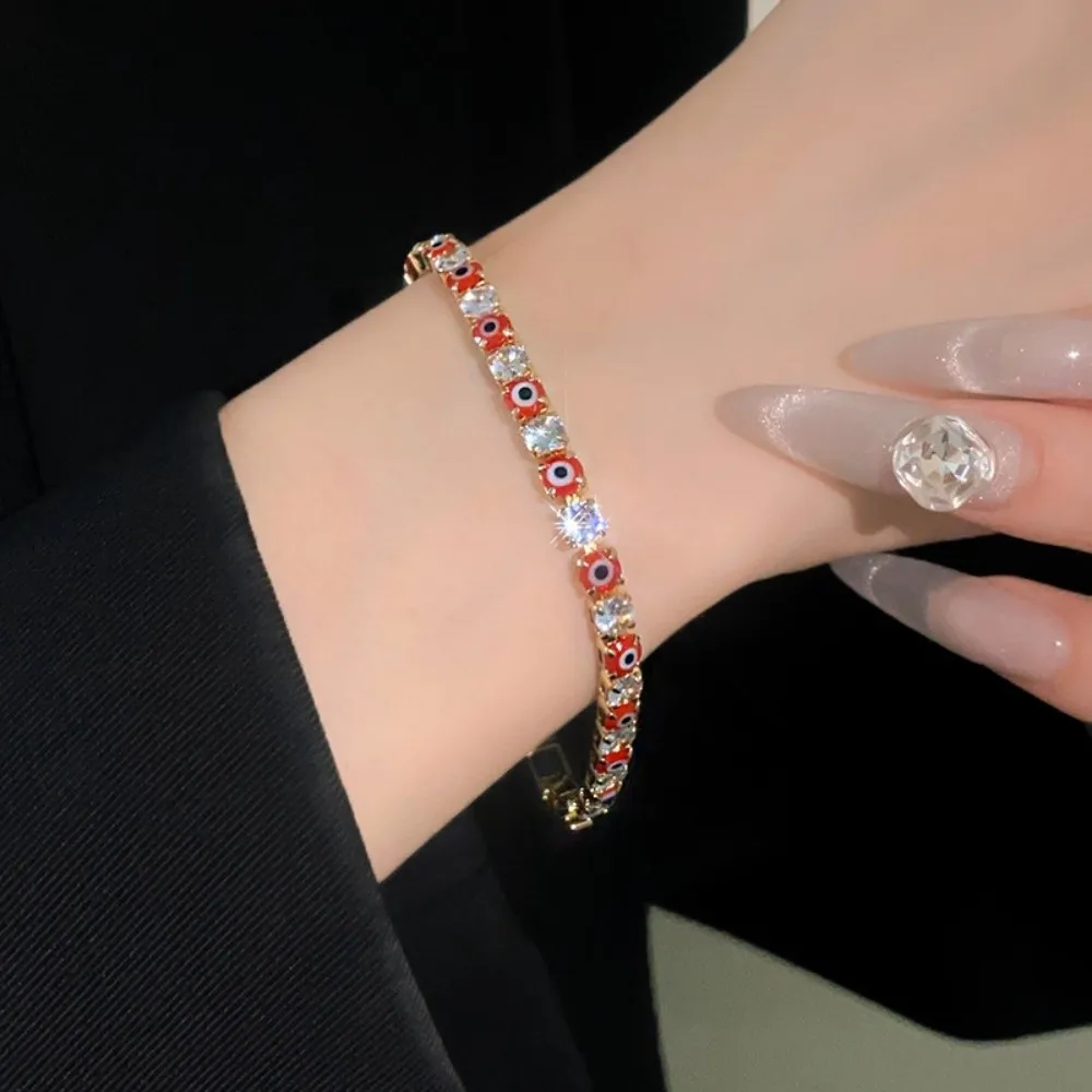 Luxury Vintage Glaze Devil's Eye Bracelet Copper Zircon Round Devil's Eye Rhinestone Devil's Eye Bangle Blue/Red Aesthetic