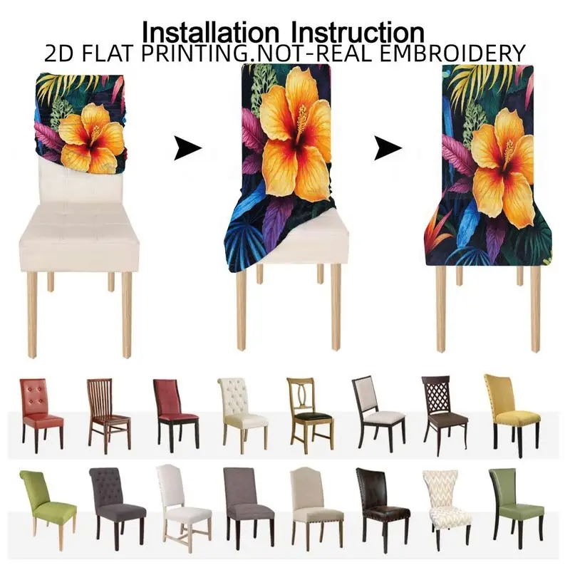 Elastic chair cover High back dining chair cover set, tropical rainforest wind egg flower fern palm leaf pattern