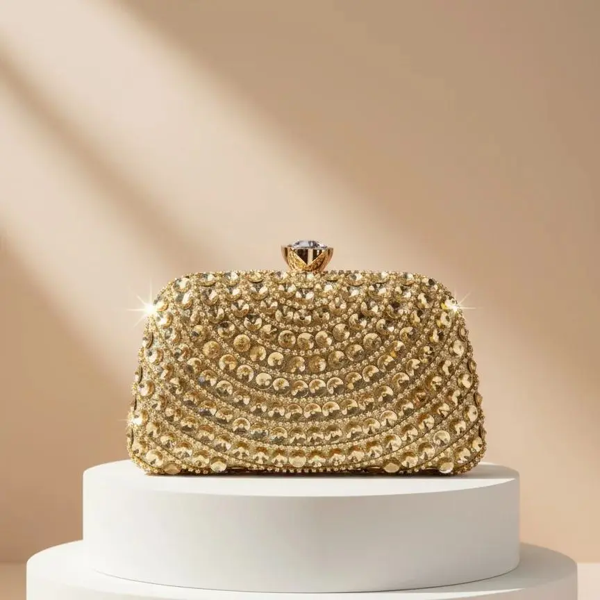 

Acrylic New Arrival Rhinestones Women Evening Bags Holder Ladies Glitter Diamonds Golden Metal Handbags Event Wedding Bridal Dre