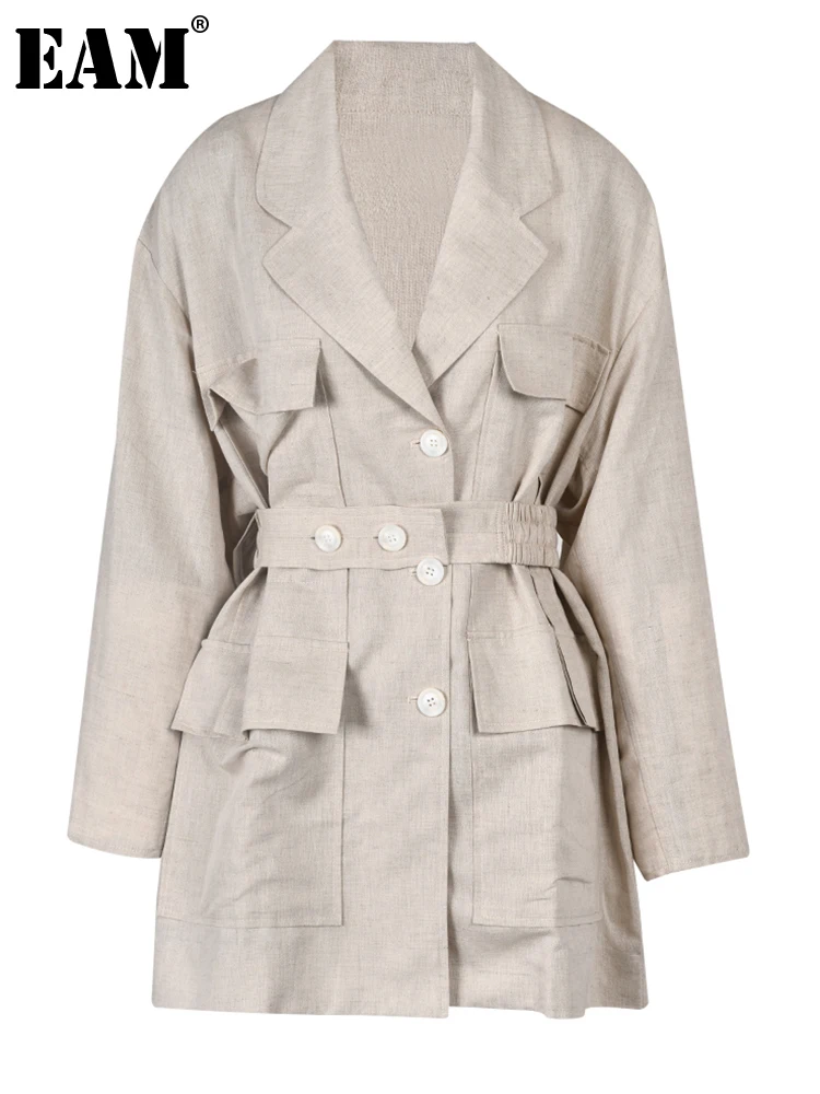 

[EAM] Женский двубортный длинный пиджак большого размера, новый свободный пиджак с лацканами и длинными рукавами, модный прилив, весна-осень 2024, 1X50104
