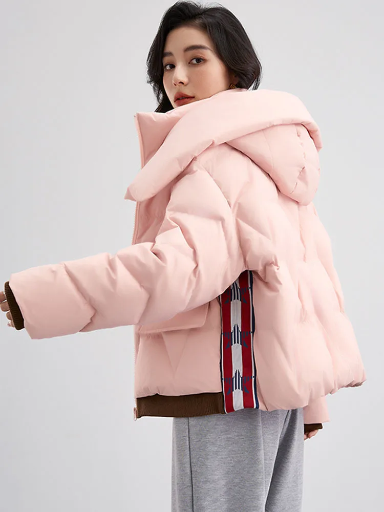 2024 Women Winter Puffer Coat Cropped Hooded Female Loose Warm 90% White Duck Down Jacket Two-sided Wear Color Blocking