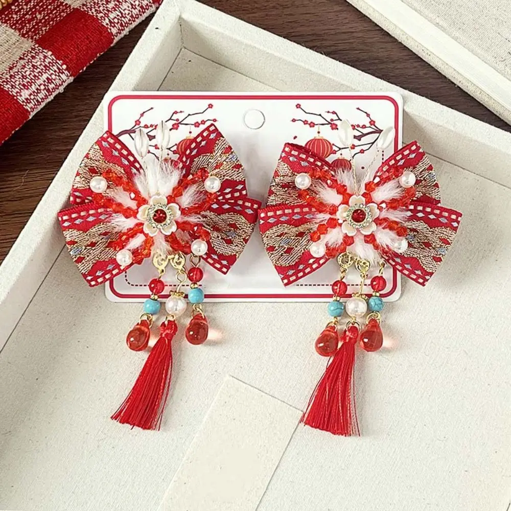 

2pcs Cute Lion Children's Chinese Hairpin Bow Ball Embroidered Bow Headwear Tang Suit Flower New Year Tassel Barrettes Girls