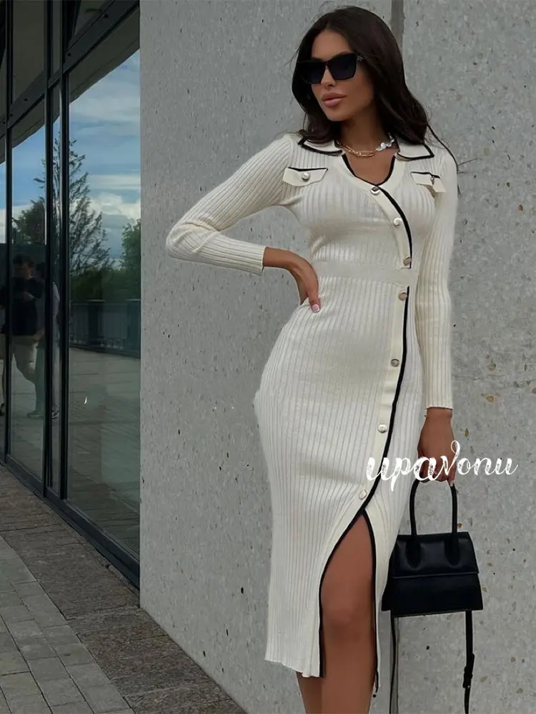 Elegant Autumn Knitted Dress Women's Polo Neck Long Sleeve Tight Button Design Mid length Dress Cocktail Evening Party Vestidos