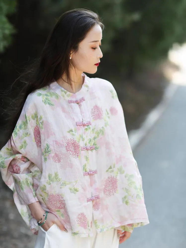 Original Design New Chinese Style National Style Shirt Loose Large Size Sunscreen Ramie Printed Shirt Tops Loose  Elegant