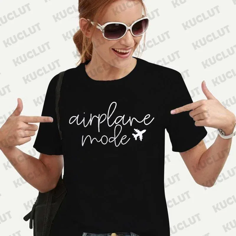 Airplane Mode T-shirts for Women Clothing Traveler Travel Tshirts Vacation T Shirts Pilot Tee Shirt Short Sleeve Tee Clothes