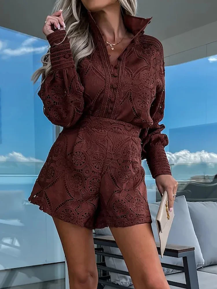 Hook Flower hollow Lace Shorts Matching Suit Elegant Office Women Solid Two Piece Set Slim Fit Long Sleeve Mini Shorts Lady Suit