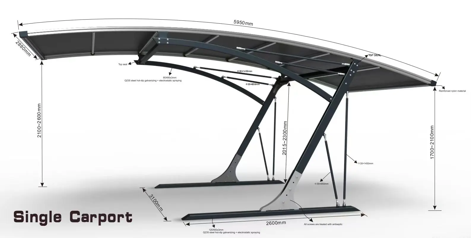 Luxury Aluminum Single Carport Beautiful Arched Roof Outdoor Waterproof Garage Parking Shelter Metal Frame Private Car Canopy