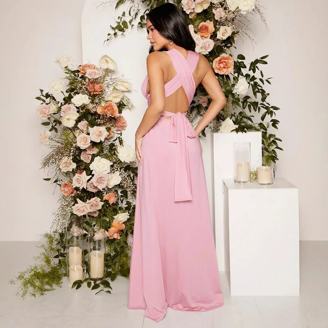 2025 Summer Europe & America Maternity Dress Versatile Solid Color Sexy Tie-Wrap Maxi Flared Long Gown Dress for Pregnant Women