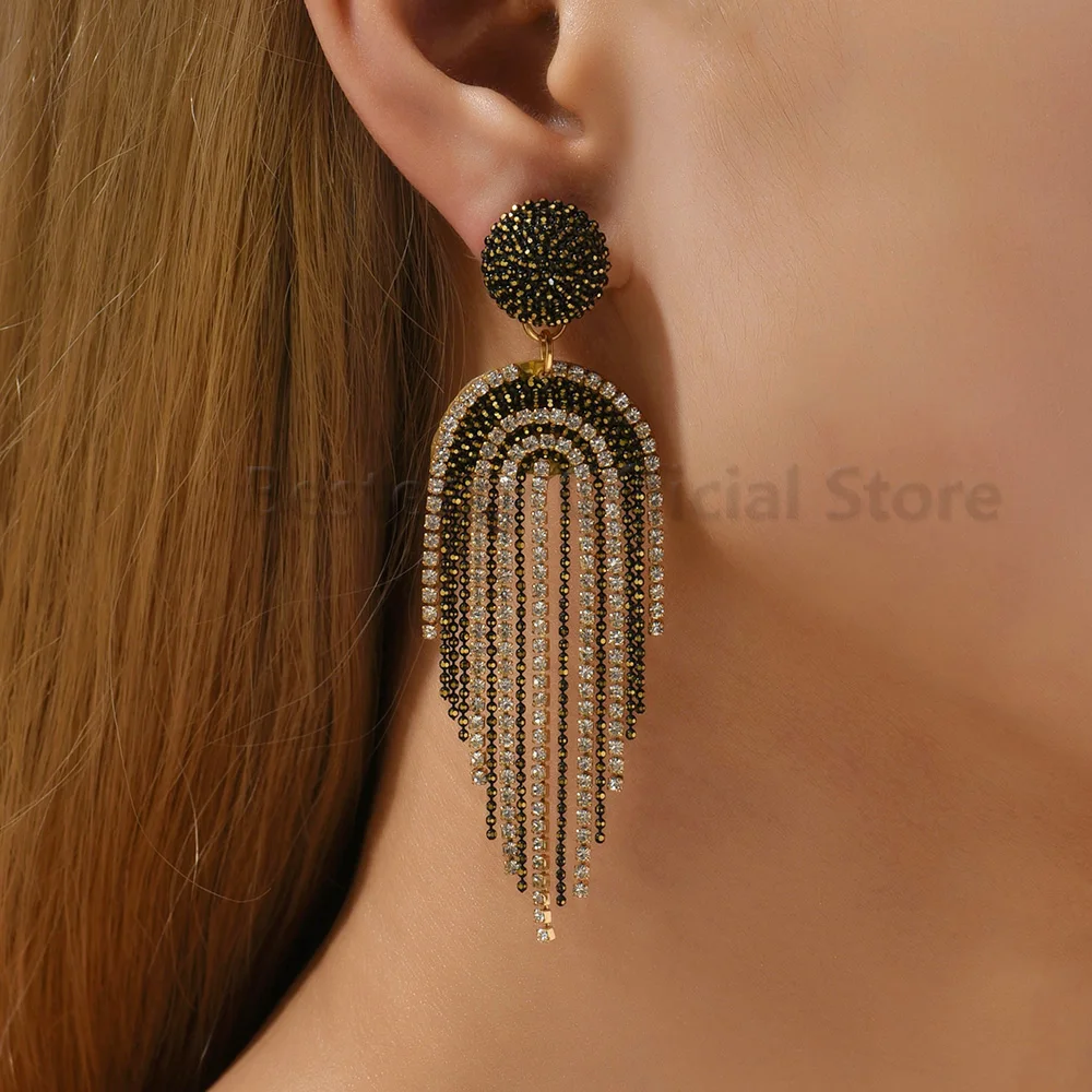 Retro Long Hanging Earrings For Women Boho Handmade Beads Luxury Shiny Rhinestones Geometric Tassel Big Pendants Fashion Jewelry