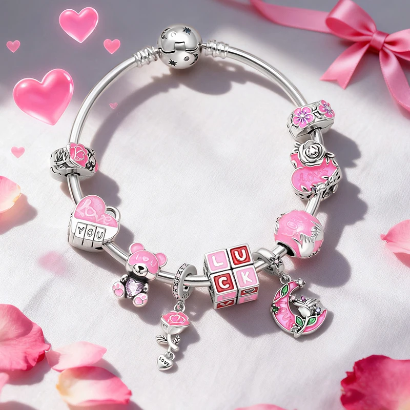 925 Sterling Silver Pink Series Love Rose Magic Cube Sweet Bear Charms Bead Fit Original Bracelet DIY Women Date Jewelry Gifts