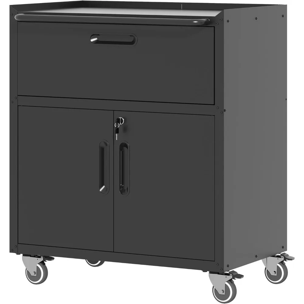 Metal Storage Cabinet with Wheels, Lockable Garage Storage Cabinet with 2 Doors and 1 Drawer, Rolling Tool Storage Cabinet