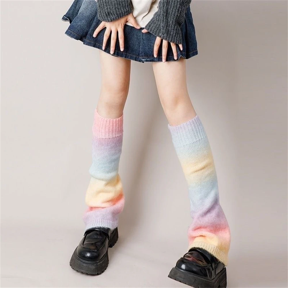 Gradient Candy Rainbow Color Wide-leg Pile Sock Y2K JK Hot Girl Flared Foot Covers Women Knitted Autumn Winter Sweet Leg Warmers