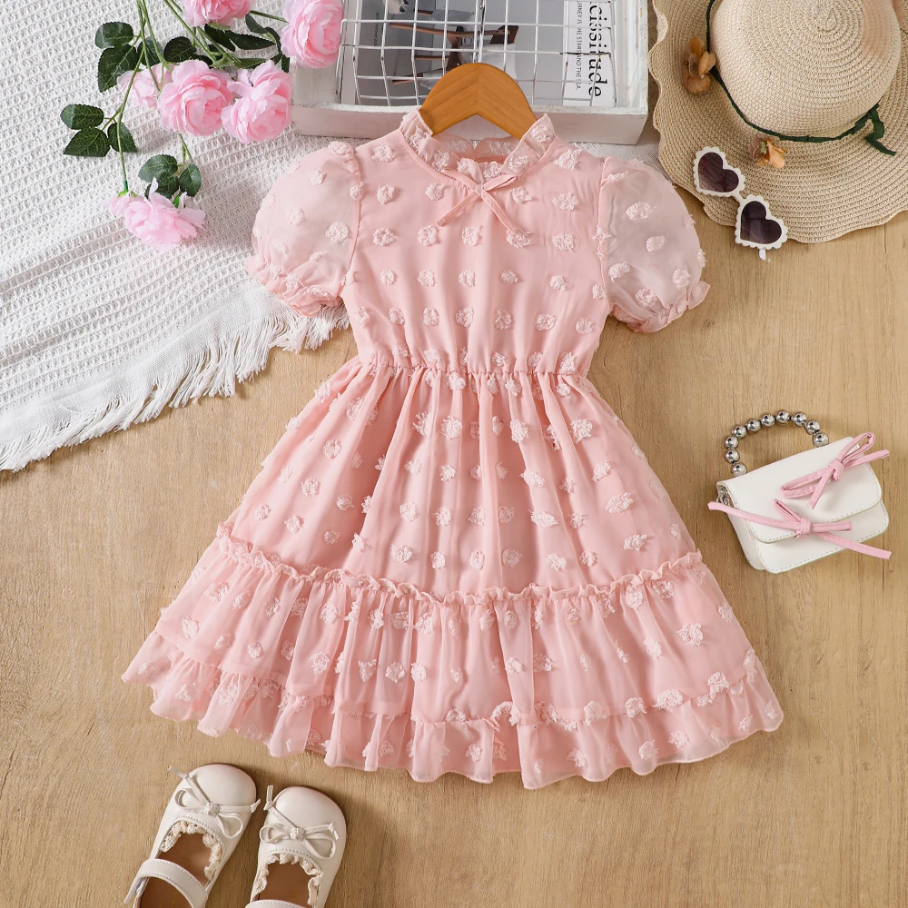 Girls' summer dress with puffed sleeves, small pom-pom, floral pattern, bowknot, lace collar, elegant style