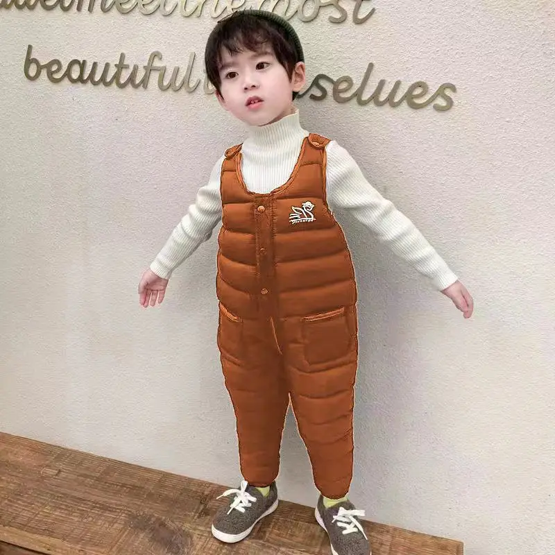 2024 New Winter Baby Girls Jumpsuits Keep Warm Fashion Ski Down Boys Overalls Autumn Thicken Girls Pants 1-5 Years Kids Clothes