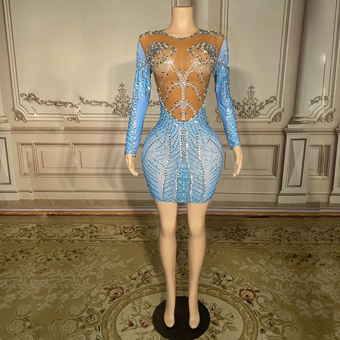 Sexy Mesh Transparent Sparkly Rhinestones Chains Long Sleeve Short Dress Celebrate Evening Prom Birthday Dress Stage party Dress
