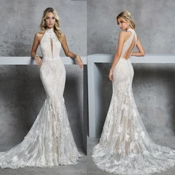 Elegant Mermaid Wedding Dresses For Women Halter Lace Bridal Gown Sweep Train Backless Skirt Custom Made