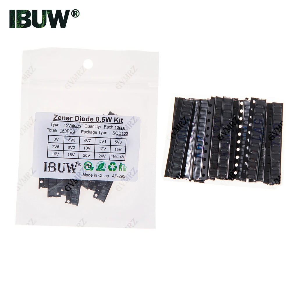 150PCS 15Values 0.5W Zener Diode Kit 3V-24V 1N4148 SOD123 for Voltage Regulation Projects