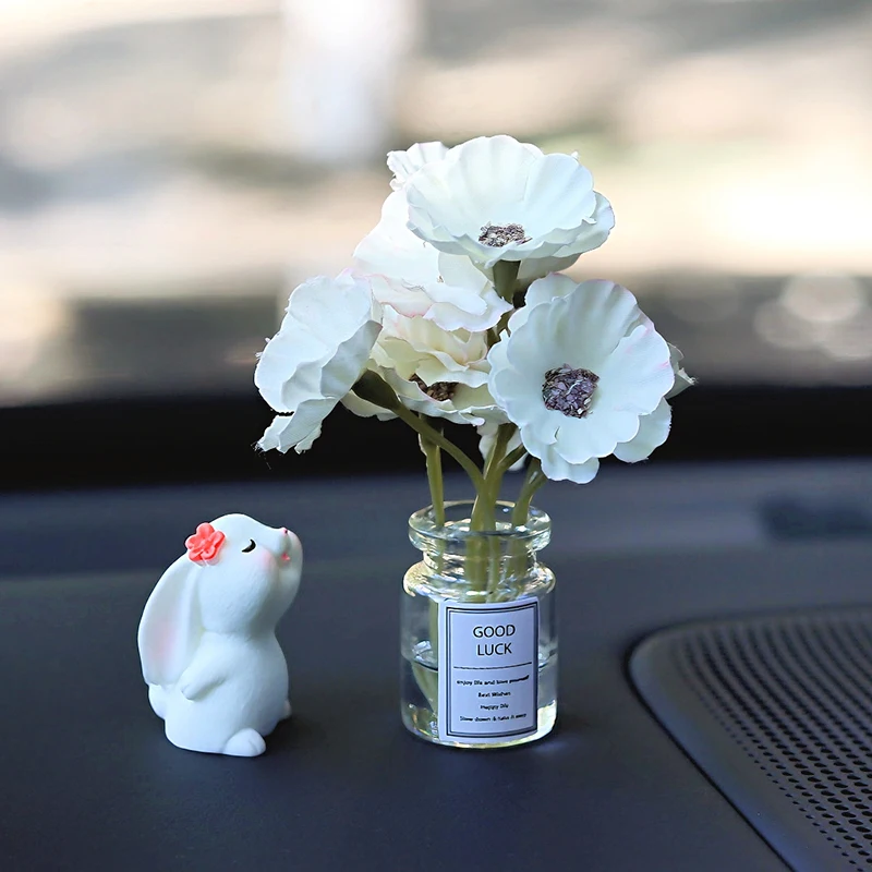 Cute Car Interior Decor Adorable Creative Flower-Sniffing Rabbit & Daisy Vase Auto Dashboard Ornament for Women Car Accessories