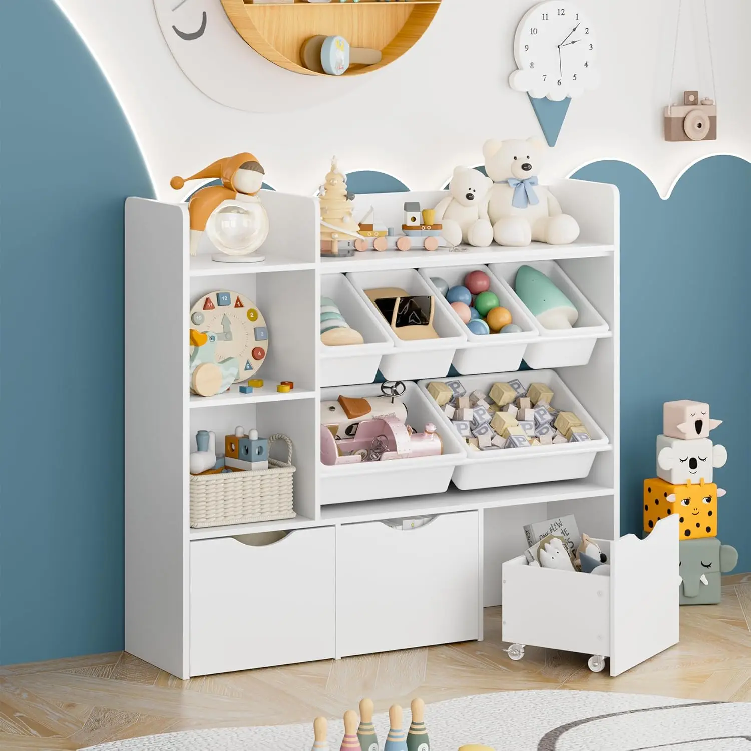 Coffre à jouets avec rangement, bibliothèque à proximité mobile, étagère avec 6 bacs en plastique, 2 cubes, 3 égouts